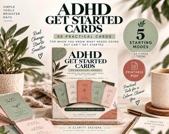 May include: A set of ADHD Get Started Cards featuring 50 practical cards in a box. The cards are in muted tones of green, beige, and terracotta with black text and line art. The box displays the title ADHD Get Started Cards and 50 Practical Cards.
