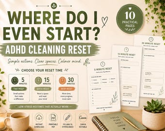 May include: A digital ADHD cleaning reset planner with 10 practical pages. The text reads WHERE DO I EVEN START? ADHD CLEANING RESET. It includes sections for 5, 15, and 30 minute resets with checklists, focus areas, and planning templates.