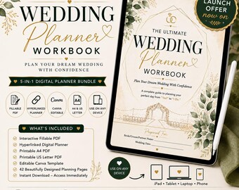 May include: A digital wedding planner workbook bundle displayed on a tablet screen with a stylus. The cover features gold geometric lines, green foliage, and text including The Ultimate Wedding Planner Workbook, 5-in-1 Digital Planner Bundle, and Launch Offer.