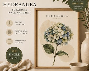 May include: A framed botanical wall art print featuring a watercolour illustration of a hydrangea flower with blue and green petals. The text HYDRANGEA is printed at the top. The design includes icons for instant download and print options.
