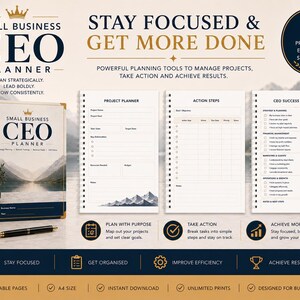 May include: A Small Business CEO Planner set featuring a spiral-bound cover with a mountain landscape, a black mug with a gold crown, and a pen. The interior pages include a Project Planner, Action Steps, and a CEO Success Checklist for business.