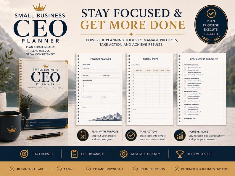 May include: A Small Business CEO Planner set featuring a spiral-bound cover with a mountain landscape, a black mug with a gold crown, and a pen. The interior pages include a Project Planner, Action Steps, and a CEO Success Checklist for business.