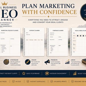 May include: A Small Business CEO Planner featuring four distinct sections: Marketing Strategy, Content, Campaign, and Social Media planners. The document includes text headers, checkboxes, and grid layouts for business organization and strategy.