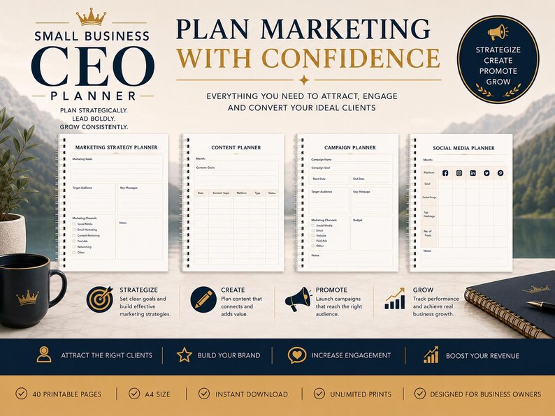 May include: A Small Business CEO Planner featuring four distinct sections: Marketing Strategy, Content, Campaign, and Social Media planners. The document includes text headers, checkboxes, and grid layouts for business organization and strategy.