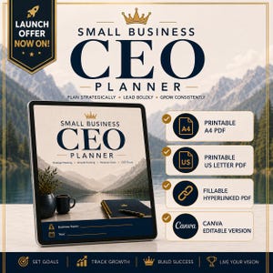 May include: A digital Small Business CEO Planner displayed on a tablet screen, featuring a mountain lake cover image. Includes options for printable A4 and US Letter PDFs, a fillable hyperlinked PDF, and a Canva editable version for business planning.