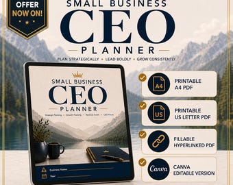 May include: A digital Small Business CEO Planner displayed on a tablet screen, featuring a mountain lake cover image. Includes options for printable A4 and US Letter PDFs, a fillable hyperlinked PDF, and a Canva editable version for business planning.
