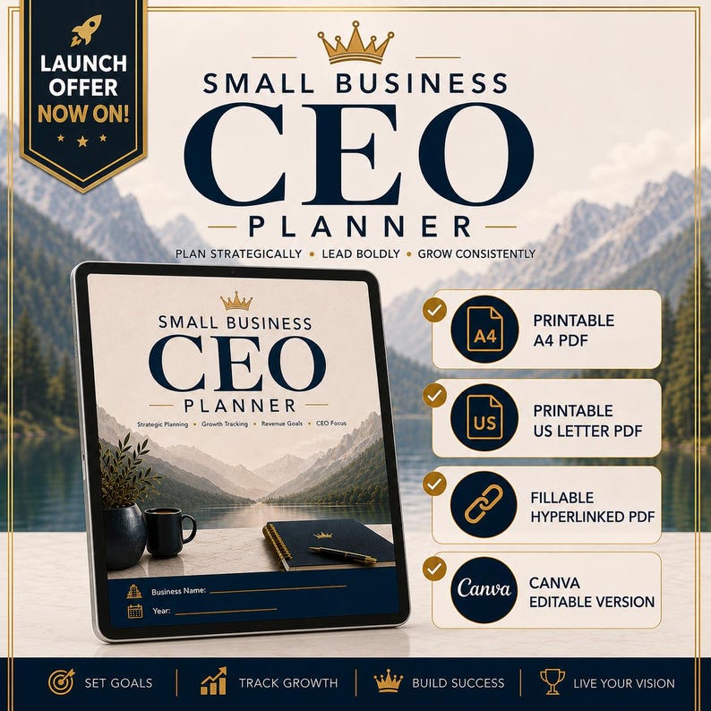 May include: A digital Small Business CEO Planner displayed on a tablet screen, featuring a mountain lake cover image. Includes options for printable A4 and US Letter PDFs, a fillable hyperlinked PDF, and a Canva editable version for business planning.