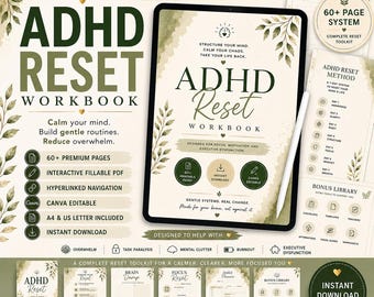 May include: An ADHD Reset Workbook digital planner set featuring a tablet display with a cover page, multiple interior page layouts, and a stylus. The design uses a cream background with dark green botanical accents and text including ADHD Reset.