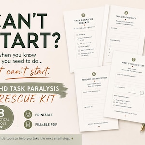 Può includere: Un kit di soccorso per la paralisi da attività ADHD con pagine PDF stampabili e compilabili con titoli come Task Paralysis Breaker, Task Deconstruct, First 5-Minute Start e Progress Not Perfection, che include 8 strumenti pratici con testo verde.