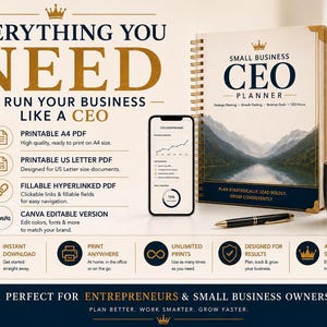 May include: A Small Business CEO Planner with a spiral binding, a smartphone displaying a dashboard, a black pen, and a black mug with a gold crown logo. The text reads Everything You Need To Run Your Business Like A CEO and Plan Strategically.