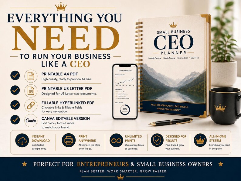 May include: A Small Business CEO Planner with a spiral binding, a smartphone displaying a dashboard, a black pen, and a black mug with a gold crown logo. The text reads Everything You Need To Run Your Business Like A CEO and Plan Strategically.