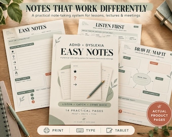 May include: A set of printable note-taking pages titled ADHD + DYSLEXIA EASY NOTES. The pages feature sections for listening, drawing, and mapping ideas with icons like stars and arrows. The design uses a neutral color palette with sage green and terracotta accents, including text prompts for lessons, lectures, and meetings. The layout is organized for clarity, with clear headings and structured boxes for writing or typing information.