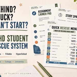 Könnte beinhalten: Ein digitaler Planer mit dem Titel ADHD Student Rescue System mit 34 ausfüllbaren, verlinkten Seiten. Das Dokument enthält Abschnitte wie Assignment Launch Pad, Study Sprint und ein Quick Rescue Menu mit verschiedenen Aufgaben und Symbolen.