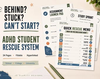 May include: A digital planner titled ADHD Student Rescue System with 34 fillable, hyperlinked pages. The document features sections like Assignment Launch Pad, Study Sprint, and a Quick Rescue Menu with various task-oriented prompts and icons.