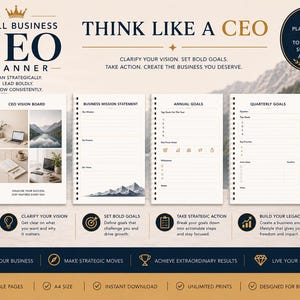 May include: A Small Business CEO Planner featuring four open pages with sections for a vision board, mission statement, annual goals, and quarterly goals. The planner includes text prompts, mountain graphics, and gold crown icons on a white background.
