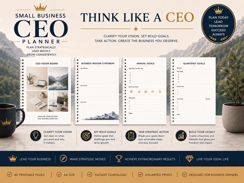 May include: A Small Business CEO Planner featuring four open pages with sections for a vision board, mission statement, annual goals, and quarterly goals. The planner includes text prompts, mountain graphics, and gold crown icons on a white background.