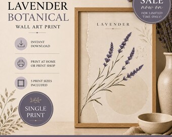 May include: A rectangular wall art print featuring a lavender botanical illustration with purple flowers and green stems on a beige background. The print is framed in light wood and includes the text "LAVENDER" and "JS CLARITY DESIGNS".