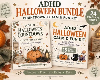 May include: Two printed booklets titled ADHD Halloween Bundle, featuring a 7 Days to Ready countdown and a Calm & Fun Kit. The covers display illustrations of a smiling pumpkin, a ghost, and a black cat, with text detailing 24 practical pages.