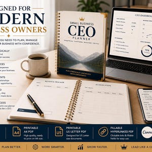 May include: A spiral-bound Small Business CEO Planner with a mountain landscape cover, an open planner showing a revenue tracker and action steps, a laptop displaying a CEO dashboard, a smartphone, a coffee mug, and a black pen on a desk.