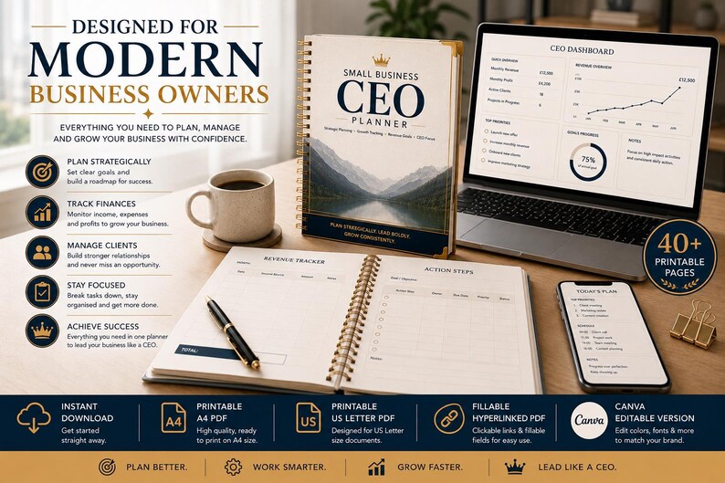May include: A spiral-bound Small Business CEO Planner with a mountain landscape cover, an open planner showing a revenue tracker and action steps, a laptop displaying a CEO dashboard, a smartphone, a coffee mug, and a black pen on a desk.