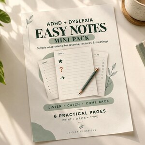 May include: A paper document titled ADHD + DYSLEXIA EASY NOTES MINI PACK with a sub-heading Simple note-taking for lessons, lectures & meetings. It features three stacked note templates, a pencil, and the text 6 PRACTICAL PAGES PRINT WRITE TYPE.