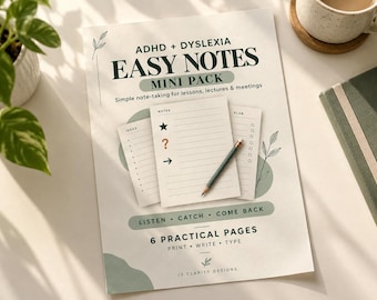 May include: A paper document titled ADHD + DYSLEXIA EASY NOTES MINI PACK with a sub-heading Simple note-taking for lessons, lectures & meetings. It features three stacked note templates, a pencil, and the text 6 PRACTICAL PAGES PRINT WRITE TYPE.