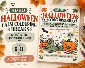 May include: A printable PDF colouring book titled ADHD Halloween Calm Colouring Breaks, featuring 12 activities for ages 6-11. The cover displays a ghost wrapped in a green plaid blanket holding a mug, flanked by a jack-o'-lantern and candy bucket.