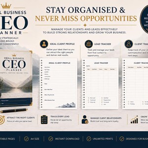 May include: A Small Business CEO Planner with a mountain landscape cover, spiral binding, and gold corner accents. Includes internal pages for Ideal Client Profile, Lead Tracker, and Client Tracker, alongside a black mug and pen on a desk.