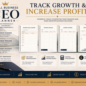 May include: A Small Business CEO Planner featuring four spiral-bound pages titled Revenue Goal Planner, Revenue Tracker, Expense Tracker, and Profit Snapshot. The layout includes text, icons, and a dark blue cover with a gold crown logo and a pen.