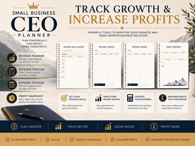 May include: A Small Business CEO Planner featuring four spiral-bound pages titled Revenue Goal Planner, Revenue Tracker, Expense Tracker, and Profit Snapshot. The layout includes text, icons, and a dark blue cover with a gold crown logo and a pen.