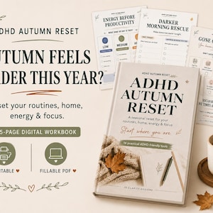 Könnte beinhalten: Ein 15-seitiges digitales Arbeitsbuch mit dem Titel ADHD Autumn Reset, das ein Cover mit Strickstruktur, einem Blatt und einem Stift zeigt. Das Set enthält druckbare Seiten mit Checklisten wie Energy Before Productivity und Darker Morning Rescue.