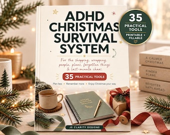 May include: A book titled ADHD Christmas Survival System with dark green text on a white cover. The cover features a spiral-bound notebook, a mug, a gift box, and a gold badge stating 35 Practical Tools, Printable + Fillable. The text includes For the shopping, wrapping, people, plans, forgotten things & last-minute chaos, 35 Practical Tools, and Plan less, Remember more, Enjoy Christmas your way.