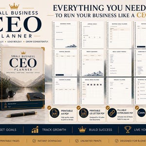 May include: A Small Business CEO Planner with a spiral binding, featuring a mountain landscape cover, gold crown icon, and text. Includes twelve internal page layouts for business tracking, plus icons for printable A4, US Letter, and Canva formats.