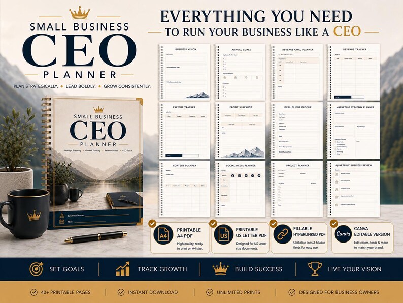 May include: A Small Business CEO Planner with a spiral binding, featuring a mountain landscape cover, gold crown icon, and text. Includes twelve internal page layouts for business tracking, plus icons for printable A4, US Letter, and Canva formats.