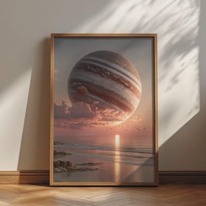 Pode incluir: Uma impressão artística emoldurada retratando um grande planeta listrado semelhante a Júpiter pairando sobre um oceano calmo ao pôr do sol. A cena apresenta nuvens rosa e laranja, uma superfície de água reflexiva, costa rochosa e pássaros.