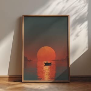 Könnte beinhalten: Ein gerahmter, rechteckiger Wandkunstdruck mit der Silhouette einer Person, die ein kleines Boot auf ruhigem Wasser rudert. Eine große, leuchtend orangefarbene Sonne steht tief am Horizont und wirft einen hellen, vertikalen Schein auf das dunkle Wasser.