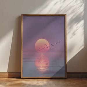 Sunset Ocean Print, Vögel im Flug, rosa lila Himmel, Minimalist Horizon Wandkunst