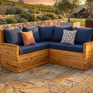 May include: An L-shaped outdoor sectional sofa constructed from horizontal wooden planks. The sofa features thick, dark blue seat and back cushions, one solid orange accent pillow, and one white and dark blue geometric patterned accent pillow.