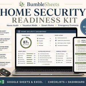 May include: A digital Home Security Readiness Kit by BumbleSheets displayed on a laptop and tablet screen. The interface includes a Home Security Dashboard with a readiness score of 87%, a Home Security Checklist, and sections for audits, vacation mode, smart home settings, and emergency contacts.