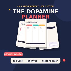 Puede incluir: Un planificador digital titulado The Dopamine Planner, un sistema de vida apto para TDAH. La imagen muestra tres páginas superpuestas con una tabla de Dopamine Menu con columnas para actos rápidos, reales y grandes. Texto: 13 páginas, sin fecha.