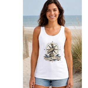 Pelican Follow the Tide Tank Top | Nautical Coastal Beach Graphic Tee Shirt | 100% Cotton