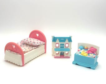 Vintage Fisher Price Loving Family Little Girl Bedroom Set, Pink Bed, Dollhouse, Toy Chest
