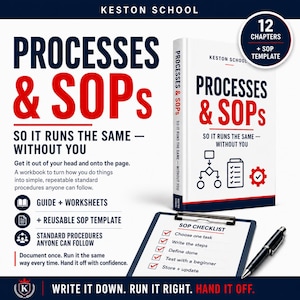 May include: A white book titled Processes & SOPs: So It Runs The Same - Without You, featuring a clipboard with a SOP Checklist and a black pen. The cover includes text about 12 chapters and a template, with red and dark blue accents throughout.