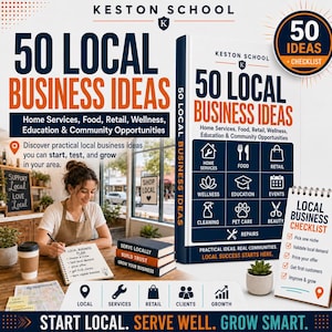 Könnte beinhalten: Ein Buch mit dem Titel 50 Local Business Ideas von Keston School, mit weißem Einband, blauem und orangefarbenem Text, einem Raster aus Symbolen für verschiedene Branchen und einer Checkliste. Das Design enthält den Text Start Local. Serve Well. Grow Smart.