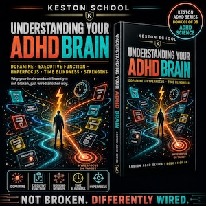 May include: A book titled Understanding Your ADHD Brain by Keston School, book 01 of 08. The cover features a silhouette of a person standing amidst glowing blue and orange lines, icons representing tasks like emails and groceries, and the text Not Broken, Differently Wired.