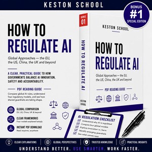 Op de afbeelding: Een wit boek getiteld How to Regulate AI met blauwe tekst en een bijpassend klembord met een AI-regelgeving checklist. De kaft bevat het Keston School logo, een bonusbadge en iconen die wereldwijde kaders en veiligheid vertegenwoordigen.