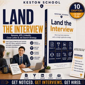 May include: A book titled Land the Interview from the Keston Career Series, featuring a 30-day plan and 10 chapters. The cover displays icons for resume, ATS, LinkedIn, and cover letter strategies. An interview checklist and plan are also visible.