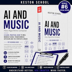 Puede incluir: Un conjunto educativo de Keston School titulado AI and Music: How Algorithms Compose. Incluye un libro blanco con texto azul, una guía de lectura en PDF, una lista de verificación de AI Music en un portapapeles y un bolígrafo negro. Iconos.