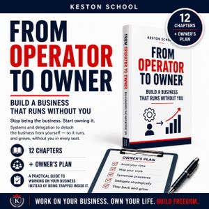 May include: A white book titled From Operator to Owner with red and navy blue text, featuring a gear and bar chart icon. Beside it, a clipboard displays an Owner's Plan checklist with five items, accompanied by a black pen on a white surface.