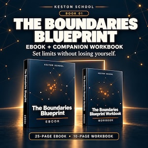 May include: The Boundaries Blueprint ebook and companion workbook set from Keston School. The dark blue covers feature orange network node graphics, white text, and the subtitle Set limits without losing yourself. Includes 25-page ebook and 10-page workbook.